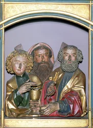 Holzschnitzereien der Heiligen Johannes, Andreas und Petrus, aus der Predella des Isenheimer Altars, ca. 1490