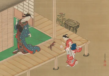 Kurtisane und Begleiterin spielen mit einem Hund, ca. 1716-1736