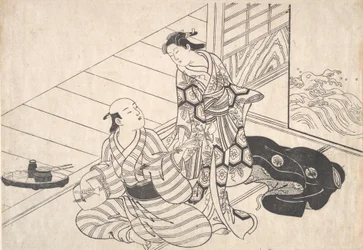 Dame unterbricht ihren Liebhaber, der Shamisen spielt