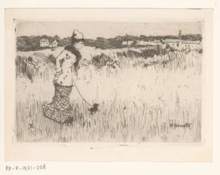 Spazierende Dame mit Hund in einer Landschaft