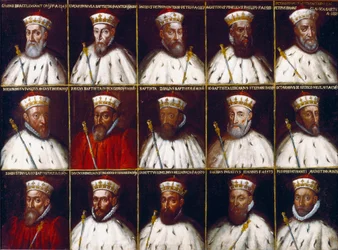Wappen der Republik Genua und Porträts der Dogen. Gaspare Grimaldi Bracelli, Luca Spinola, Giacomo Promontorio, Agostino Pinello Ardimenti, Pietro Giovanni Chiavica, Girolamo Vivaldi, Paolo Battista Giudice, Battista Cicala Zoaglio, Giovan