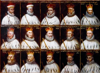 Wappen der Republik Genua und Porträts der Dogen. Giovanni Stefano Doria, Francesco Gio. Brignole Sale, Agostino Pallavicini, Giov.Battista Durazzo, Agostino Giovanni De Marini, Giovan Battista Lercari, Luca Giustiniani, Giovanni Battista L
