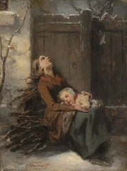 Verarmte tote Mutter hält ihr schlafendes Kind im Winter