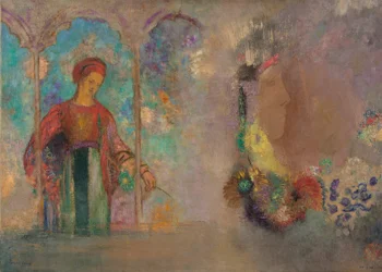 Frau in einer gotischen Arkade: Frau mit Blumen