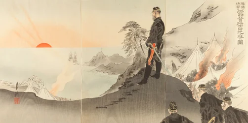 Bild von Offizieren und Männern, die die aufgehende Sonne anbeten, während sie in den Bergen von Port Arthur lagern