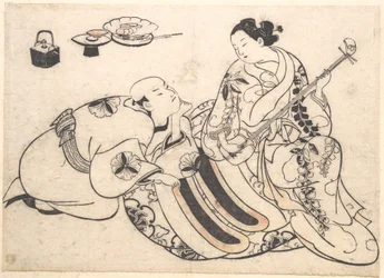 Ein kniender, nach vorn gebeugter Mann, der einer Shamisen spielenden Oiran zuhört