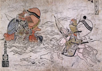 Schlacht zwischen zwei feindlichen Samurai während der Schlacht von Ichi-no-Tani