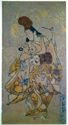 Musikerin. Frau spielt die Trommel. Japanischer Druck von Okumura Masanobu (1686-1764)