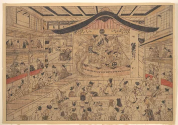 Perspektivansicht (uki-e) eines Kabuki-Theaters mit einer Aufführung von „Die Wappenmuster der Soga-Brüder und Nagoya Sanza“ (Mon-zukushi Nagoya Soga)