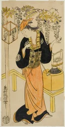 Der Schauspieler Sanogawa Mangiku I als Ohatsu im Stück "Sogazaki Shinju," aufgeführt im Nakamura Theater im vierten Monat, 1719