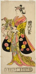Der Schauspieler Tomizawa Montaro I als Miyako no Mae im Stück "Izu Genji Horai Yakata," aufgeführt im Ichimura Theater im elften Monat, 1736