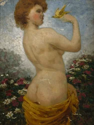 Nackte Frau mit einem Vogel im Grünen