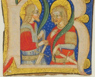 Manuskriptblatt-Ausschnitt mit einer illuminierten Initiale R mit St. Protasius und St. Gervasius, Mitte 15. Jahrhundert