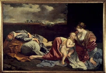 Die Rast der Heiligen Familie während der Flucht nach Ägypten. 17. Jahrhundert. Maße: 1,57 x 2,25 m. Paris, Louvre