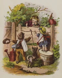 Drei Kinder plaudern über einen Gartenzaun