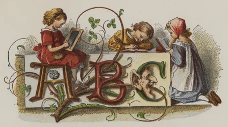 Drei Mädchen üben das Schreiben (Farblithografie)