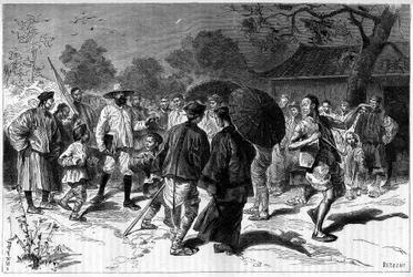Dr. Piassetzky reist nach China, immer begleitet von Chinesen. Gravur nach einer Zeichnung von Tofani, in "Le Tour du Monde, Nouveau journal des Voyages", herausgegeben von Edouard Charton, Paris