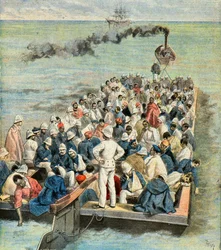Einschiffung auf das Hospitalschiff der Verwundeten der Madagaskar-Expedition 1896 (Gravur)