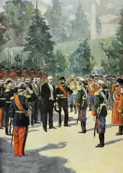 Felix Faure wird 1897 von Nikolaus II. in Peterhof empfangen (Gravur)