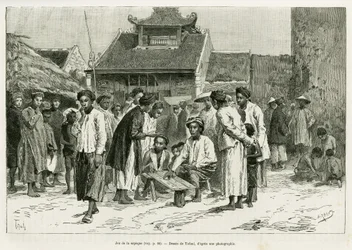 Spiel der Sapeque. Gravur von Tofani, zur Illustration der Geschichte Trente mois au Tonkin, 1884, von Dr. Paul Hocquard, in Le tour du monde 1890, unter der Leitung von Edouard Charton (1807-1890), Hachette, Paris