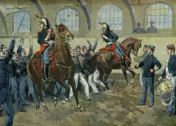 Die republikanischen Wachen trainieren die Pferde im Lärm und in der Menge, Paris