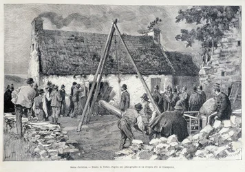 Männer rennen durch eine Tür mit Hilfe eines Bauchbaums, um den Bewohner aus der Wohnung zu vertreiben. Zeichnung von Tofani nach einer Skizze von O. de Champeaux (19. Jahrhundert)