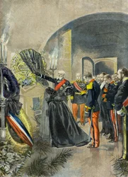 Nicolas II. legt einen Kranz auf das Grab von Sadi Carnot im Pantheon, Paris 1896 (Gravur)