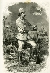 Porträt von Dr. Emile Holub in einem Expeditionsanzug, Gravur von Tofani zur Illustration der Geschichte „Au pays des Marutses“ in den Jahren 1875-1879 von Dr. Emile Holub (1847-1902). Veröffentlicht in der Tour du monde, 2. Semester 1883, herausgegeben vo