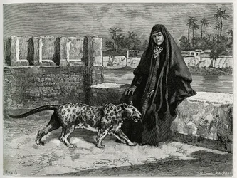 Torkan Khanoum, Favoritin von Scheich Moses, dem mächtigen Stammesführer von Arabistan, mit ihrem Panther. Stich von Tofani zur Illustration des Berichts „Persien, Chaldäa und Susiana“