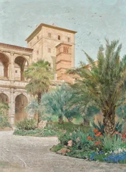 Vedute der Botschaft in Rom: Garten mit Blick auf Bogengänge