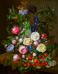 Ein Korb mit Rosen und anderen Blumen