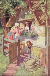 Die böse Königin, verkleidet als alte Frau, bietet Schneewittchen den vergifteten Apfel an, Illustration aus dem Grimm-Märchen 