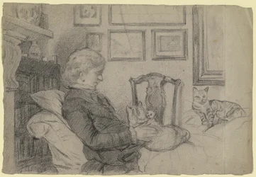 Luise Scholderer am Kamin mit vielen Katzen
