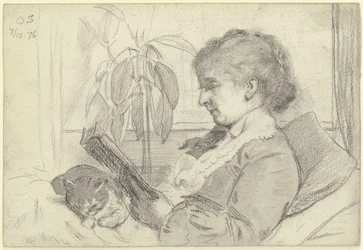 Luise Scholderer lesend mit Katze
