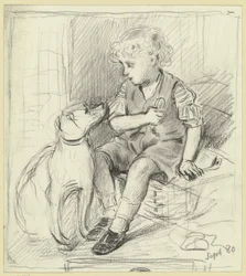 Sitzender Knabe mit sitzendem Hund