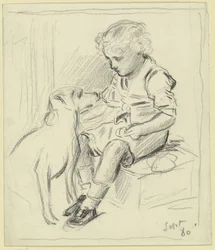 Sitzender Knabe mit sitzendem Hund