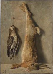 Stillleben mit totem Hasen und Perlhuhn vor einer grauen Wand