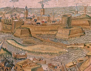 Flämischer Wandteppich. Serie Triumphe und Schlachten des Erzherzogs Albrecht. Angriff und Eroberung des befestigten Schlachtfeldes von Hulst. Sechster Wandteppich der Serie. Modell Otto van Veen und Hans I Snellinck. Herstellung.