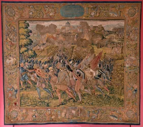 Flämischer Wandteppich. Serie Triumphe und Schlachten des Erzherzogs Albrecht. Nachtangriff auf Ardres oder Eroberung der Unterstadt von Ardres (Asalto nocturno de Ardrés o Toma de la baja villa de Ardrés). Dritter Wandteppich der Serie. Modell Otto van Ve