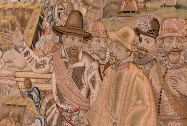 Flemischer Wandteppich. Serie Triumphe und Schlachten des Erzherzogs Albrecht. Die Eroberung der Stadt Hulst. Siebter Wandteppich in der Serie. Modell Otto van Veen und Hans I Snellinck. Herstellung Martin Reynbouts, Brüssel.