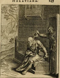 Xanthippe leert einen Nachttopf über Sokrates. Aus Emblemata Horatiana, 1607