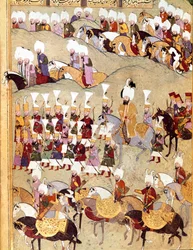 Osmanisches Reich: „Darstellung des osmanischen Sultans Murad II (Murat) (1404-1451) und seiner Armee während der Invasion Persiens“ Manuskript Miniatur ms. FY 1404 „Sehinsahname“