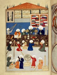 Wissenschaft und Islam: „Beschreibung des astronomischen Observatoriums des arabischen Wissenschaftlers Taqi al-Din (Taqi al Din oder Takiyuddin) (1526-1585), das 1577 unter Murad III. in Istanbul erbaut wurde; Astronomen arbeiten mit Instrumenten“.