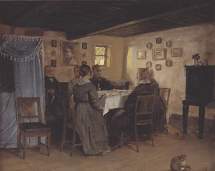 Die Freunde und Familie des Künstlers sitzen um einen Tisch. Vejby, Nordseeland
