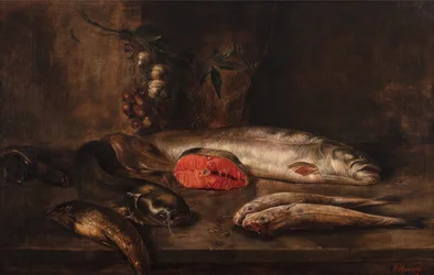 Stillleben mit Fischen, Karpfen, Wels, Lachs, Rotbarbe, Aale und Seezunge auf einem Tisch mit hängendem Knoblauch und Schalotten, tote Fische, ca. 1775-1800
