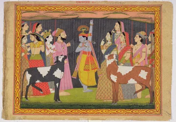 Krishna hebt den Berg Govardhana, aus dem Bhagavata Purana, Kulu, Himachal Pradesh, 1749