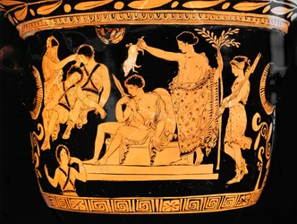 Rotfiguriger Glockenkrater aus Apulien: Apollo reinigt Orestes mit dem Blut eines Ferkels