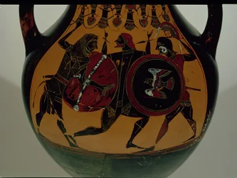 Attische schwarzfigurige Amphore, dekoriert mit einer Szene von Herakles im Löwenfell, der gegen Cycnus kämpft, ca. 540 v. Chr. (Keramik)