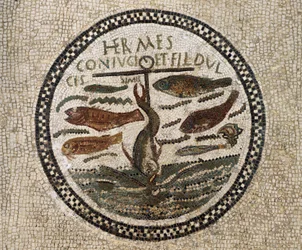 Mosaik mit einem von Fischen umgebenen Anker, Symbol für Christus und seine Anhänger, Katakomben von Sousse, Tunesien, frühchristliche Zeit, 4. Jahrhundert