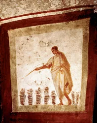 Frühchristliche Kunst: Die Vermehrung der Brote und Fische. Katakombe an der Via Anapo, Rom, Italien, 3. und 4. Jahrhundert